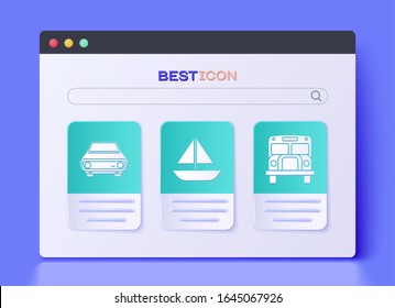 Set Yacht sailboat or sailing ship, Car and School Bus icon. Vector