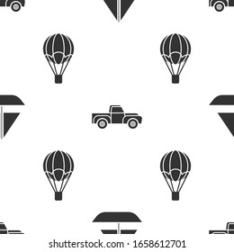 Set Yacht sailboat or sailing ship, Pickup truck and Hot air balloon on seamless pattern. Vector