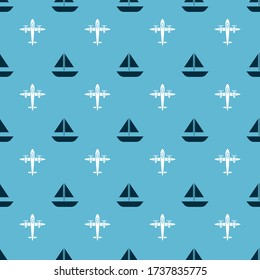 Set Yacht sailboat or sailing ship and Old retro vintage plane on seamless pattern. Vector