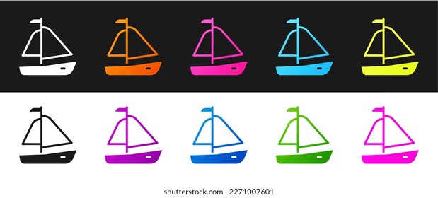 Set Yacht sailboat or sailing ship icon isolated on black and white background. Sail boat marine cruise travel.  Vector