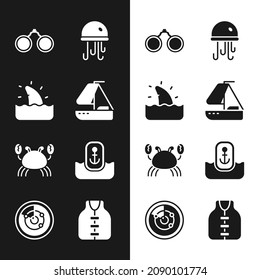 Set Yacht sailboat, Shark fin in ocean wave, Binoculars, Jellyfish, Crab, Location with anchor, Life jacket and Radar targets icon. Vector