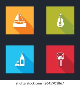 Set Yacht sailboat, Spanish guitar, Bottle of olive oil and Peineta icon. Vector