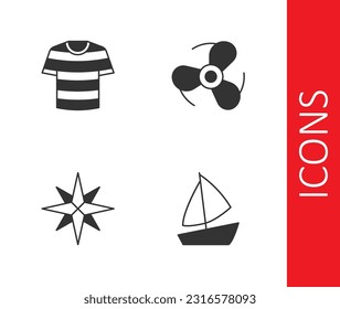 Set Yacht sailboat, Striped sailor t-shirt, Wind rose and Boat propeller icon. Vector