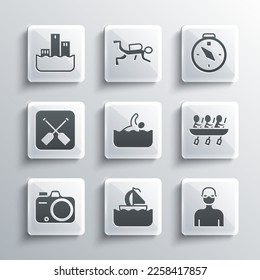 Set Yacht sailboat, Swimmer, Canoe rowing team sports, Photo camera, Paddle, Winner podium and Compass icon. Vector