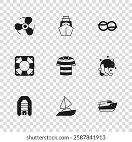 Set Yacht sailboat, Tsunami, Speedboat, Striped sailor t-shirt, Nautical rope knots, Boat propeller,  and Lifebuoy icon. Vector