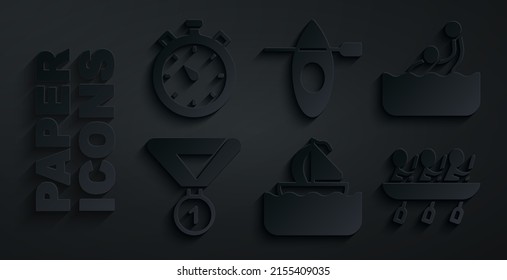 Set Yacht sailboat, Water polo, Medal, Canoe rowing team sports, Kayak and paddle and Stopwatch icon. Vector