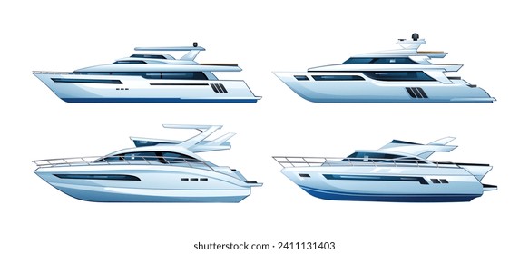 Set of yacht vector cartoon illustration. Speedboat collection isolated on white background