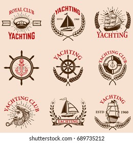 Set of yachting emblems isolated on white background. Yachting club, boats. Design elements for logo, label, emblem, sign. Vector illustration