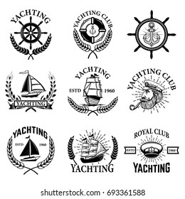 Set of yachting emblems isolated on white background. Yachting club, boats. Design elements for logo, label, emblem, sign. Vector illustration