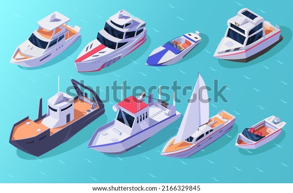 Set of yachts isometric icons. Types of\
travel ships. Luxury marine cruise boats. Yachting 3d vessel.\
Fishing sea cruise collection. Tourism water transport for river or\
lake. Vector illustration