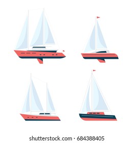 Set of yachts and sailboats isolated on light background. Sailing. Summer vacation at sea. Active lifestyle. Side view. Flat style.