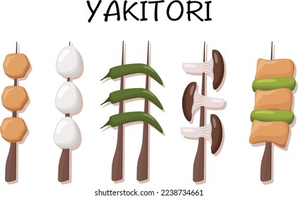 Set of yakitori - meat balls, eggs, green pepper, onion, mushrooms