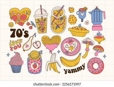 Comida y bebida tipo yammy en estilo retro de los años 70. Colección de alimentos sanos y troceados. Bevegares y galletas dulces, lamonada y café. Ilustración dibujada a mano con el contorno del vector.