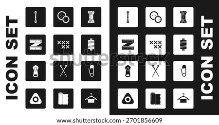 Set Yarn, Adjustable embroidery hoop, Tape measure, Sewing thread, button, Safety pin and Zipper icon. Vector
