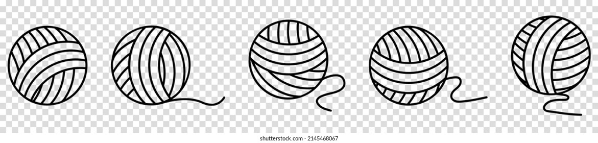 Set of yarn ball icon. Line art style. Vector illustration isolated on transparent background