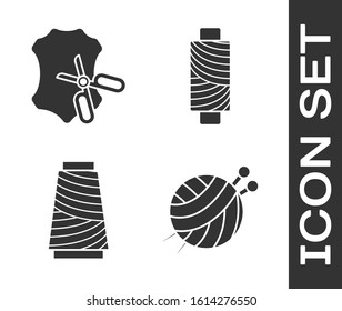 Set Yarn ball with knitting needles, Scissors and leather, Sewing thread on spool and Sewing thread on spool icon. Vector