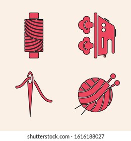 Set Yarn ball with knitting needles, Sewing thread on spool, Electric iron and Needle for sewing with thread icon. Vector