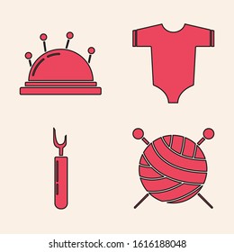 Set Yarn ball with knitting needles, Needle bed and needles, Baby clothes and Cutter tool icon. Vector