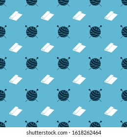 Set Yarn ball with knitting needles and Textile fabric roll on seamless pattern. Vector