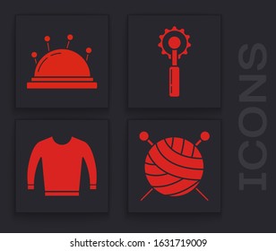 Set Yarn ball with knitting needles, Needle bed and needles, Cutter tool and Sweater icon. Vector