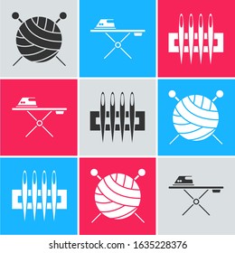 Set Yarn ball with knitting needles, Electric iron and ironing board and Needle for sewing icon. Vector