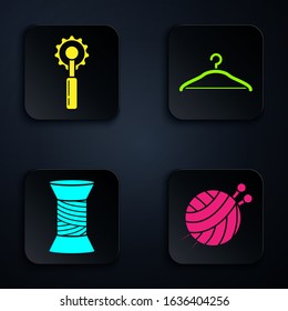 Set Yarn ball with knitting needles, Cutter tool, Sewing thread on spool and Hanger wardrobe. Black square button. Vector