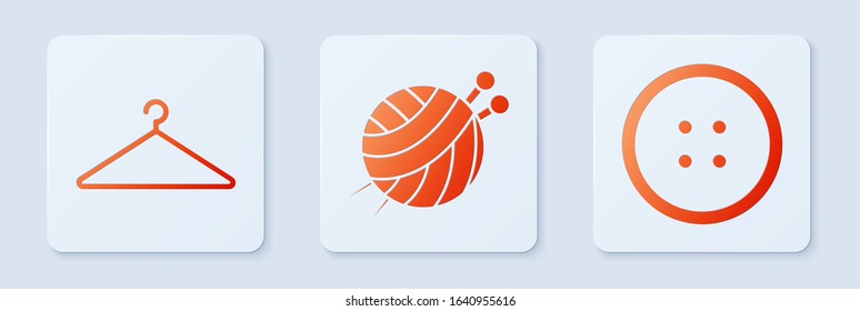 Set Yarn ball with knitting needles, Hanger wardrobe and Sewing button for clothes. White square button. Vector