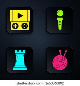 Set Yarn ball with knitting needles, Portable video game console, Chess symbol and Joystick for arcade machine. Black square button. Vector