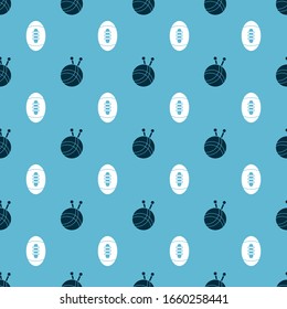 Set Yarn ball with knitting needles and American Football ball on seamless pattern. Vector