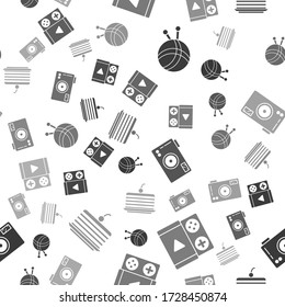 Set Yarn ball with knitting needles, Portable video game console, Photo camera and Cake on seamless pattern. Vector