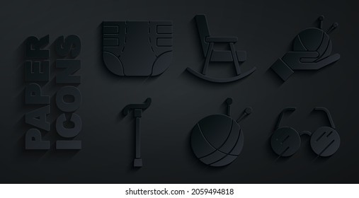 Set Yarn ball with knitting needles, Walking stick cane, Eyeglasses, Rocking chair and Adult diaper icon. Vector