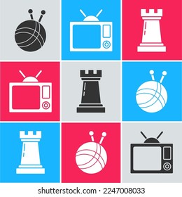 Set Yarn ball with knitting needles, Television and Chess symbol icon. Vector