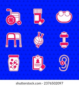 Set Yarn ball with knitting needles, Medical prescription, Hearing aid, Dumbbell, Medicine bottle and pills, Walker, Eyeglasses and Wheelchair icon. Vector