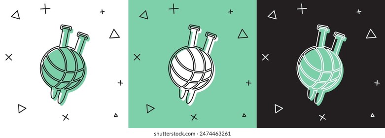Set Bola de hilo con agujas de tejer icono aislado en blanco y verde, fondo negro. Etiqueta para taller hecho a mano, de punto o a medida.  Vector