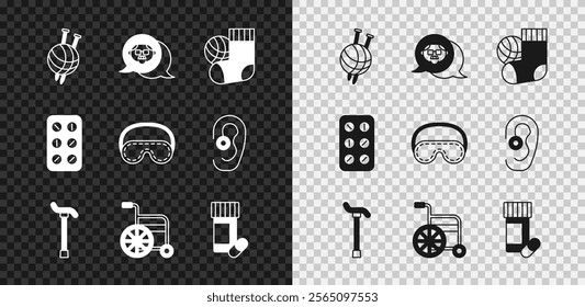 Set Yarn ball with knitting needles, Grandfather, Socks, Walking stick cane, Wheelchair, Medicine bottle pills, Pills blister pack and Eye sleep mask icon. Vector