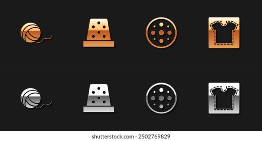 Bola del hilado del sistema, dedal para coser, Botón de costura e icono del patrón. Vector
