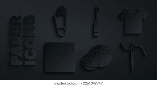 Set Yarn ball, T-shirt, Sewing Pattern, Needle for sewing with thread, Awl tool and Safety pin icon. Vector