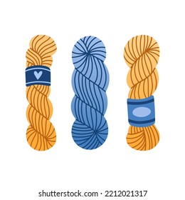 Set of yarn balls for knitting and crochet in blue and yellow colors vector