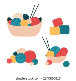 A set of yarn in a basket, a pile of wool for crochet, knitting. Skein, ball, bobbin. Isolated flat vector illustration