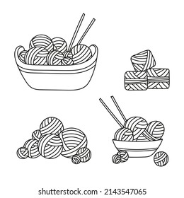 Set Of Yarn In A Basket, A Pile Of Wool For Crochet, Knitting In Sketch Doodle Style. Skein, Ball, Bobbin. Isolated Line Vector Illustration