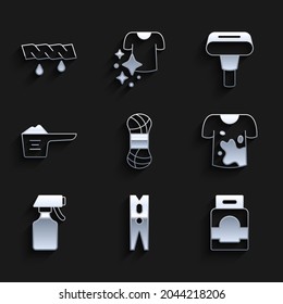 Set Yarn, Clothes pin, Laundry detergent, Dirty t-shirt, Water spray bottle, Washing powder, Garment steamer and Squeeze clothes icon. Vector