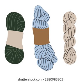 Juego de hilos para crocheting, agujas de punto. Mano, pelota, bobbin. Acogedor hobby de artesanía. Colección de puntos en el vector de diseño plano aislado en el fondo