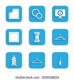 Set Yarn, Hanger wardrobe, Awl tool, Sewing thread, Pattern, Location tailor shop and  icon. Vector