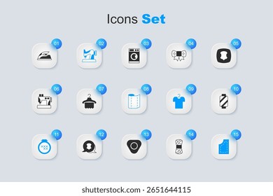 Set Yarn, Hanger wardrobe, Sewing machine, Round adjustable embroidery hoop, pattern, thread on spool, Electric iron and Textile fabric roll icon. Vector