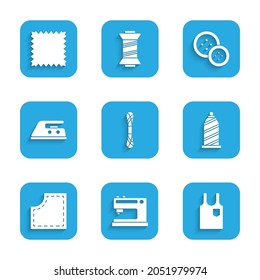 Set Yarn, Sewing machine, Sleeveless T-shirt, thread, Pattern, Electric iron, button and Leather icon. Vector