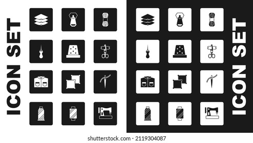 Set Yarn, Thimble for sewing, Awl tool, Layers clothing textile, Scissors, Zipper, Needle with thread and Shirt icon. Vector