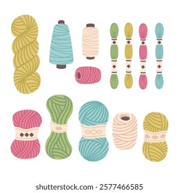 Set of Yarn and threads isolated on white background. Colour Balls of yarn and threads in paper ribbon. Hand drawn doodle Knitting tools, sewing accessories. Yarn for knitting and crochet. Vector 