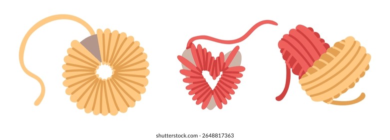 set of yarn wrapped around heart, circle for creating pompoms, with colored balls of yarn in shape of heart. cozy atmosphere. Handmade. flat color. For postcards, posts, themes of care, coziness
