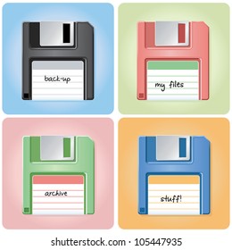A set of ye olde floppy discs with handwritten labels on pastel backgrounds.