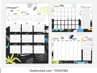 Set of year 2018 calendar, month and weekly planner templates with colorful dots, stains, blots on background. Schedule or timetable. Effective planning. Week start sunday. Vector template.